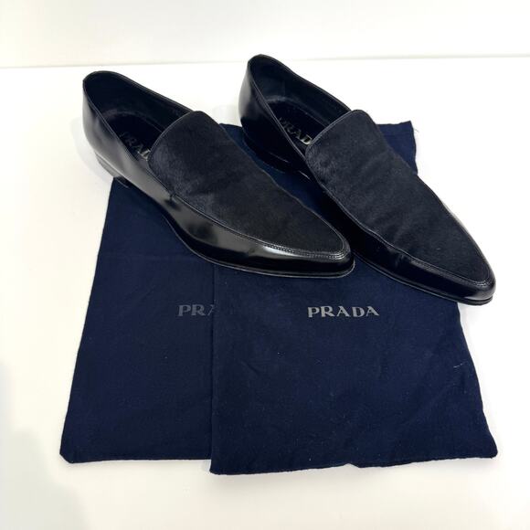 Prada Other - PRADA Black Patent Leather Combination Calf Hair Point Toe Loafer 10 Pony Shoes